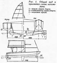 Рис. 1. Общий вид и крыльевая схема катамарана