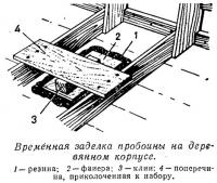 Временная заделка пробоины на деревянном корпусе