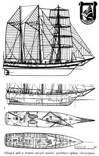 Общий вид и планы палуб нового учебного судна «Погория»