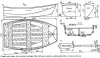 Общий вид лодки, раскрой транцев, сечение по мидель-шпангоуту и эскиз весла