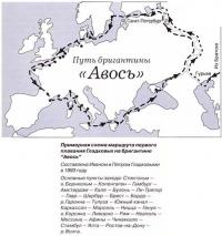 Примерная схема маршрута первого плавания Гладковых на бригантине «Авось»