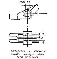 Отверстия в свечном гнезде корпуса стартера «Москвы»