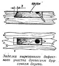 Заделка вырезанного дефектного участка древесины брусочком дерева