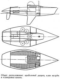 Общее расположение: продольный разрез, план палубы и планировка каюты