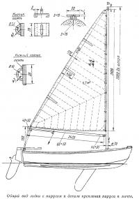 Общий вид лодки с парусом и детали крепления паруса к мачте
