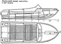 Продольный разрез мотолодки и вид сверху