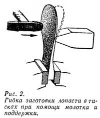 Рис. 2. Гибка заготовки лопасти в тисках при помощи молотка и поддержки