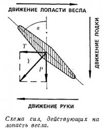 Схема сил, действующих на лопасть весла