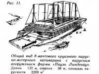 Рис. 11. Общий вид 8-мачтового круизного парусно-моторного катамарана