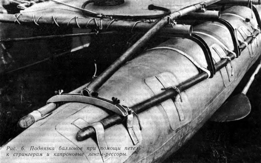 Рис. 6. Подвязка баллонов при помощи петель к стрингерам и капроновые ленты-рессоры