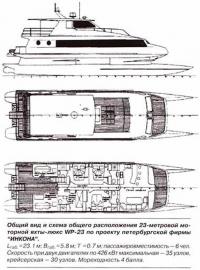 Общий вид и схема общего расположения 23-метровой моторной яхты-люкс WP-23