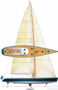 Общий вид, план парусности и планировка палубы яхты 
