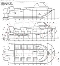 Общий вид, продольный разрез и план катера 
