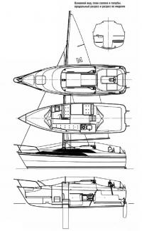 Основной вид, план салона и палубы, продольный разрез и разрез по миделю