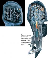 Рентген-схема двигателя "Yamaha F150" в целом и его блока цилиндров