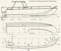 Боковой вид и эскиз обводов, вид на днище и палуба мотолодки