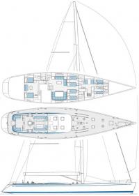 Общий вид, план палубы и планировка салона яхты 