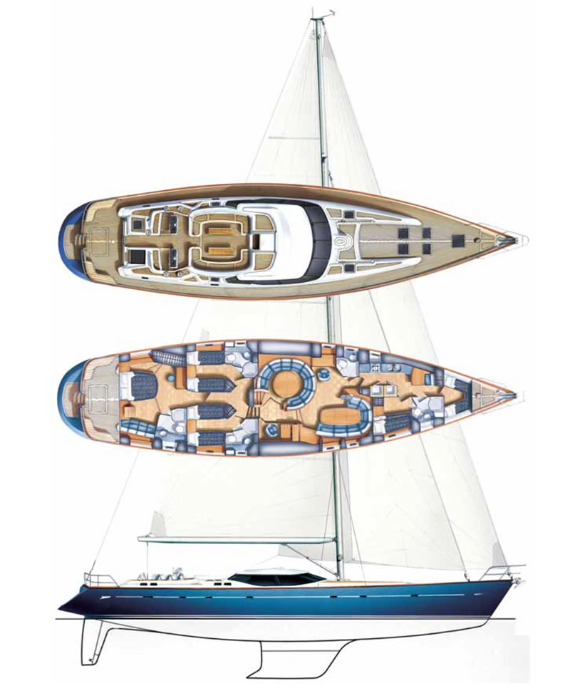 Общий вид, план салона и палубы яхты «Oyster 82»