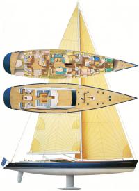 Общий вид яхты, план палубы и внутренних помещений