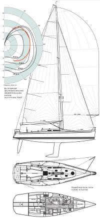 Общий вид яхты, план салона и палубы